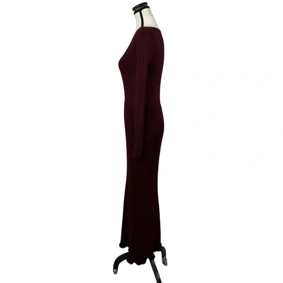 Burgundy Ribbed Knit Maxi Dress Long Sleeve Slim Fit Bodycon Elegant Evening XS - Picture 3 of 11